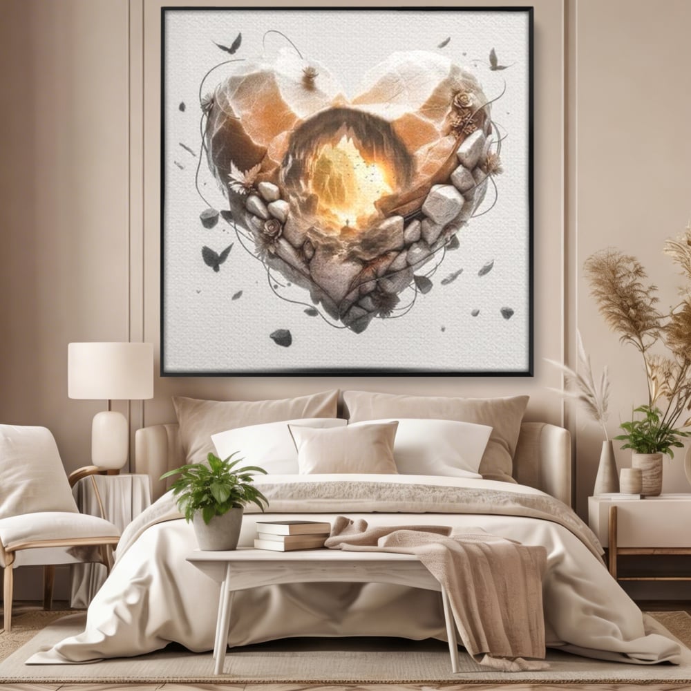 Tablou canvas cu ilustratie digitala inima din piatra, in rama de aluminiu negru, pe perete intr-un dormitor